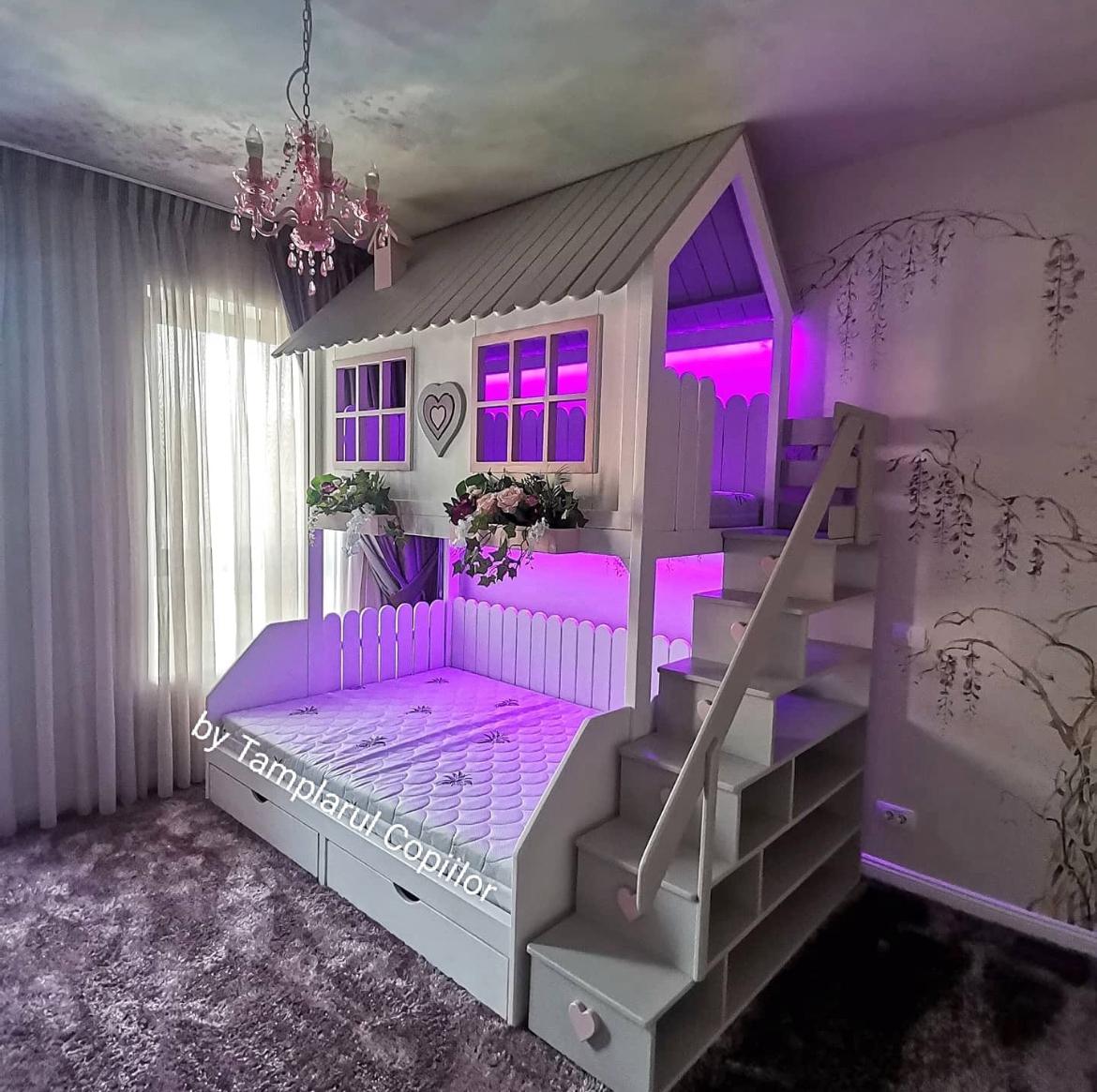 Căsuță pat cu iluminare violet